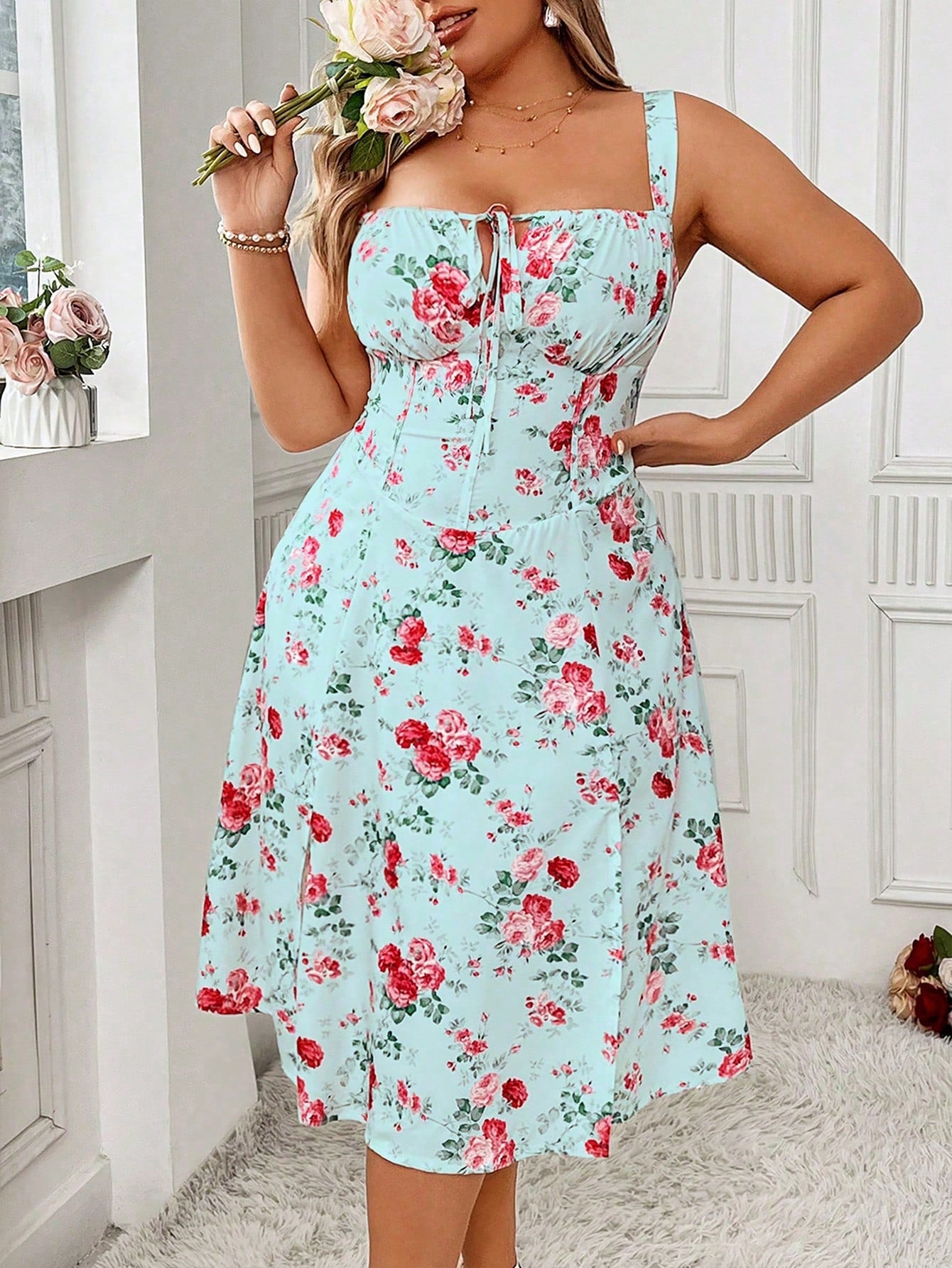 Frenchy Plus Size Floral Printed Dress With Ruched Bust, Side Slit, And Thick Shoulder Straps, Summer, Length Reaches The Thigh