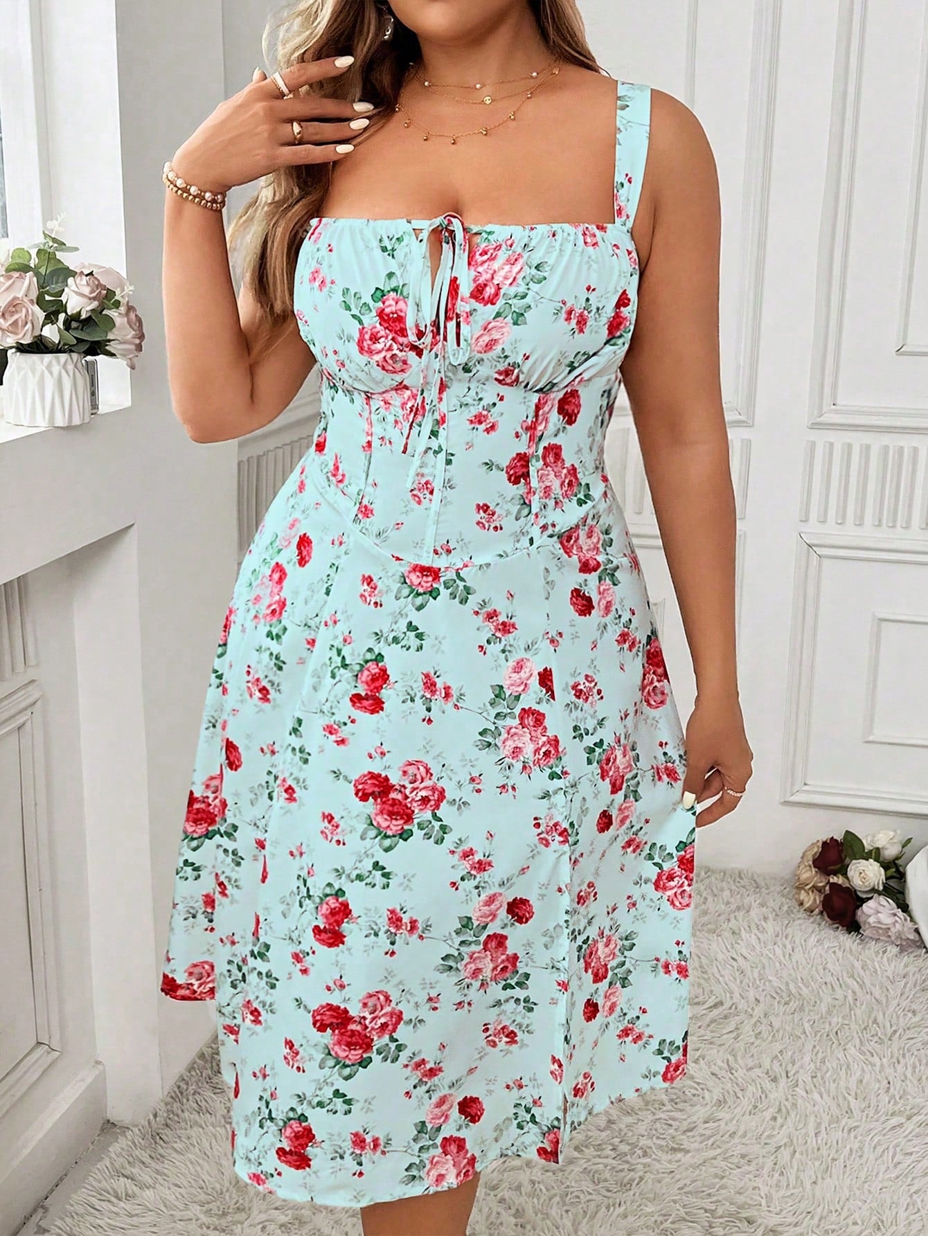 Frenchy Plus Size Floral Printed Dress With Ruched Bust, Side Slit, And Thick Shoulder Straps, Summer, Length Reaches The Thigh