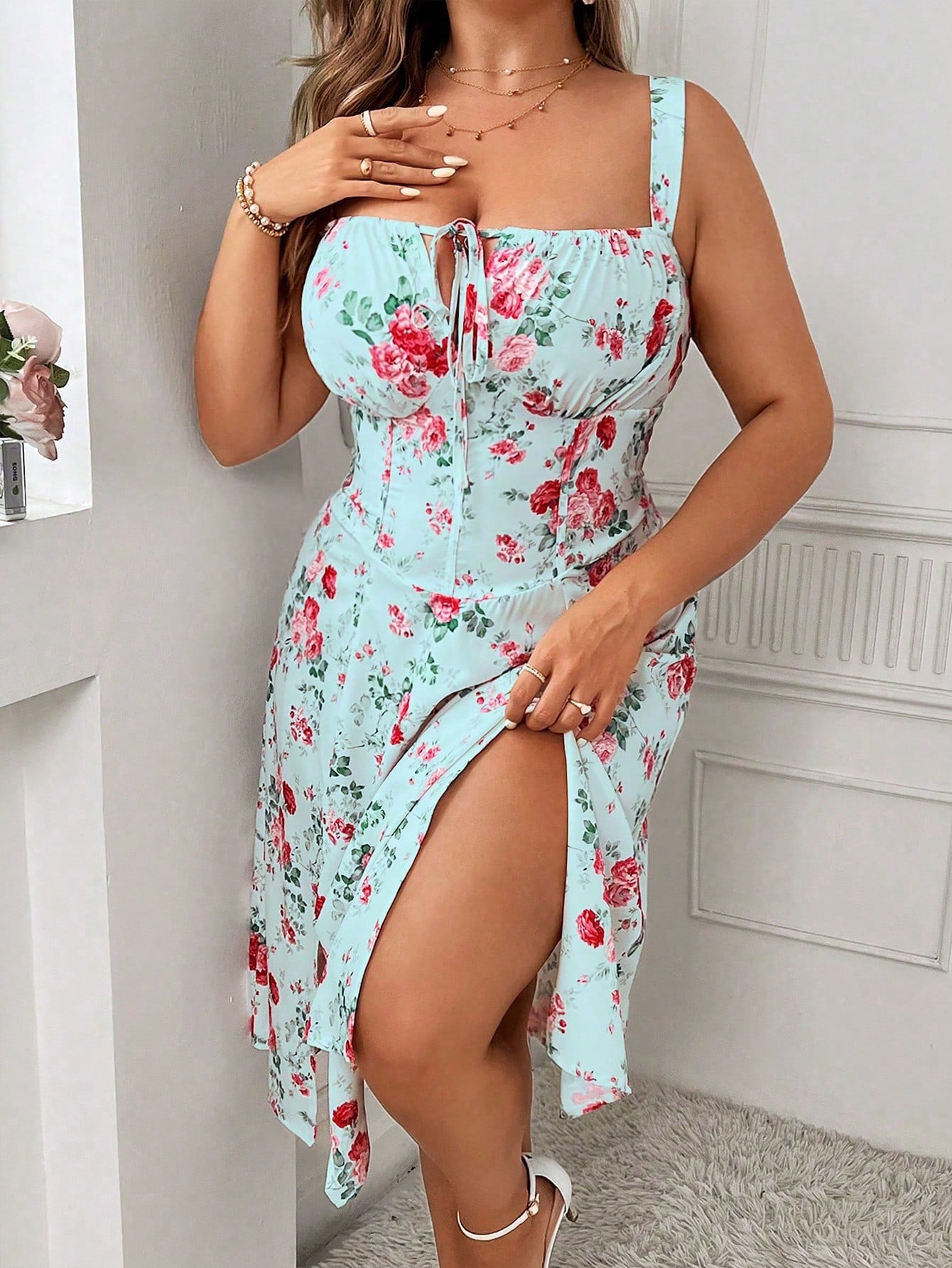 Frenchy Plus Size Floral Printed Dress With Ruched Bust, Side Slit, And Thick Shoulder Straps, Summer, Length Reaches The Thigh