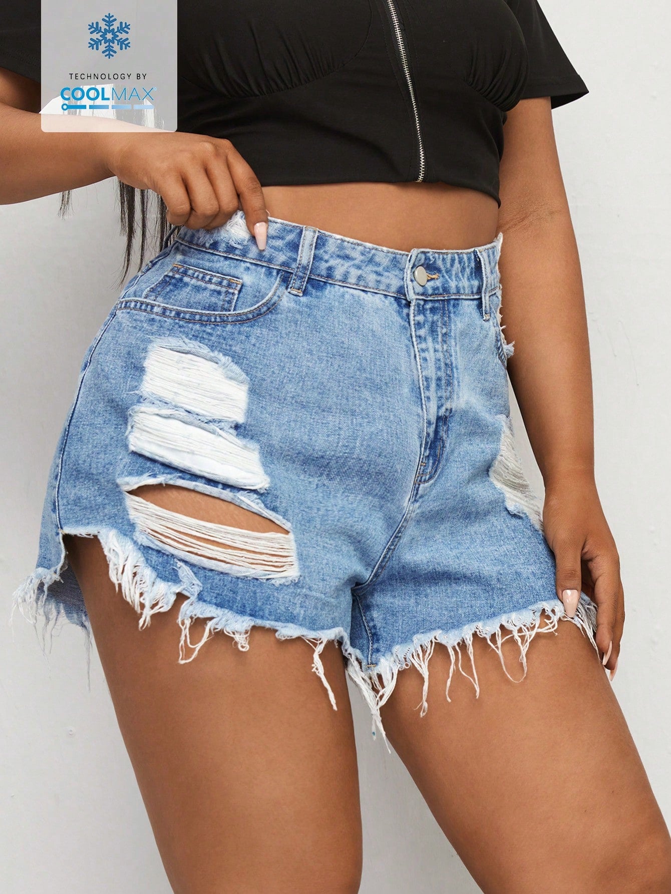 Plus Size Solid Color Distressed Frayed Edge Denim Shorts With Pockets, Summer Casual Wear