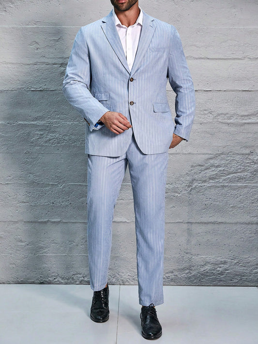 Big & Tall Men's Striped Notched Lapel Long Sleeve Suit Jacket And Pants Set, Suitable For Daily And Business Travel