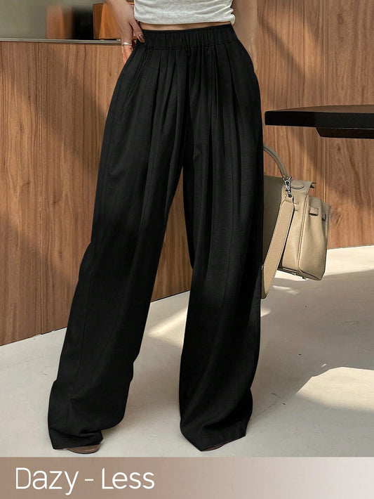 Dazy-Less Women's Solid Color Casual Wide Leg Pants With Elastic Waist