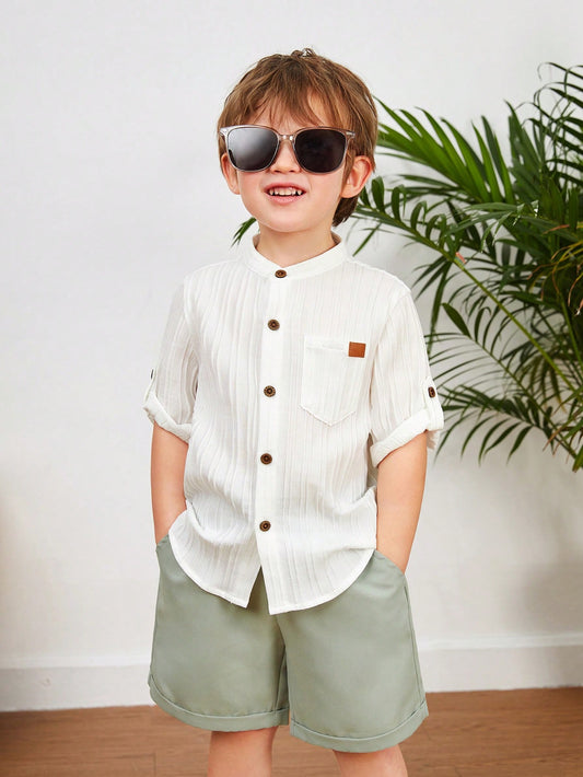 Tween Boys Extended Size Casual Patch Stand Collar Short-Sleeved Cardigan Shirt & Solid Color Shorts Woven Two-Piece Set