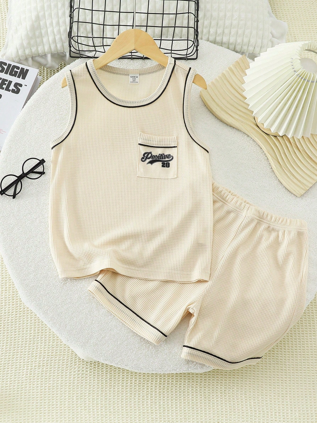 Tween Boy Simple Apricot Sleeveless Top And Shorts Casual Two-Piece Homewear Set