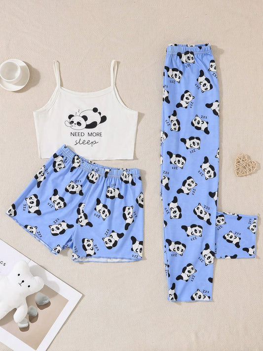 Tween Girl 3pcs/Set Panda Printed Flame Retardant Fabric Pants, Shorts And Camisole Top Home Wear