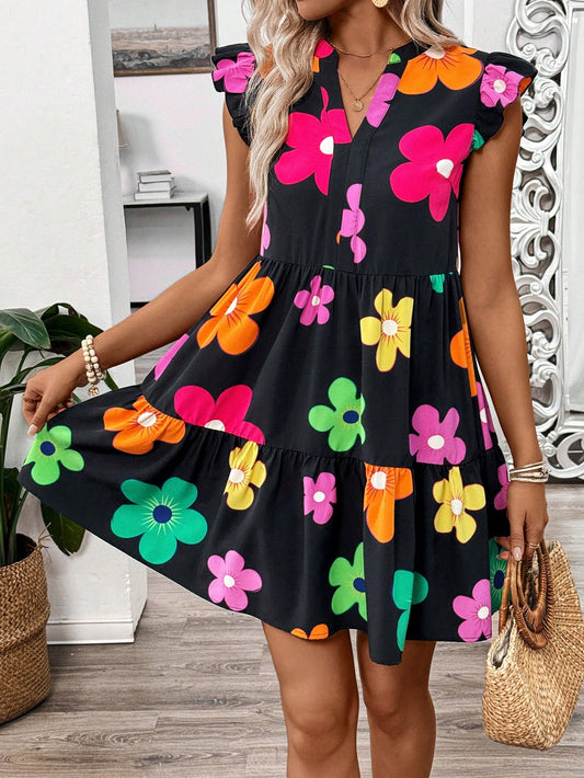 Women's Summer Vacation Floral Printed Notched V-Neckline Cap Sleeve Loose Babydoll Dress