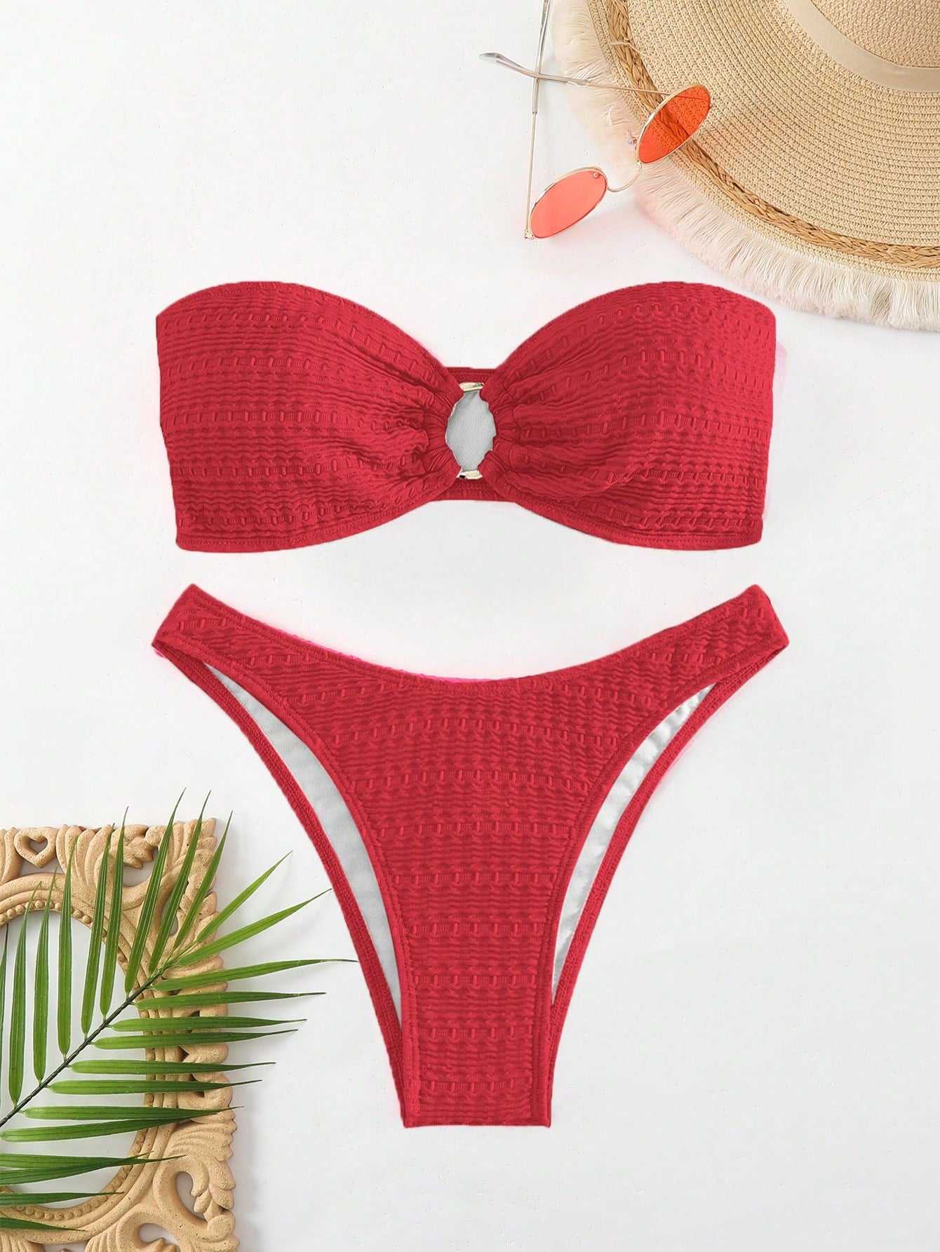 Swim Summer Beach Ring Linked Bandeau Bikini Set