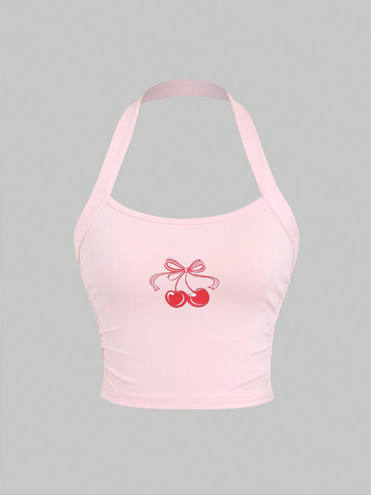 Summer Casual Cherry Print Halter Top