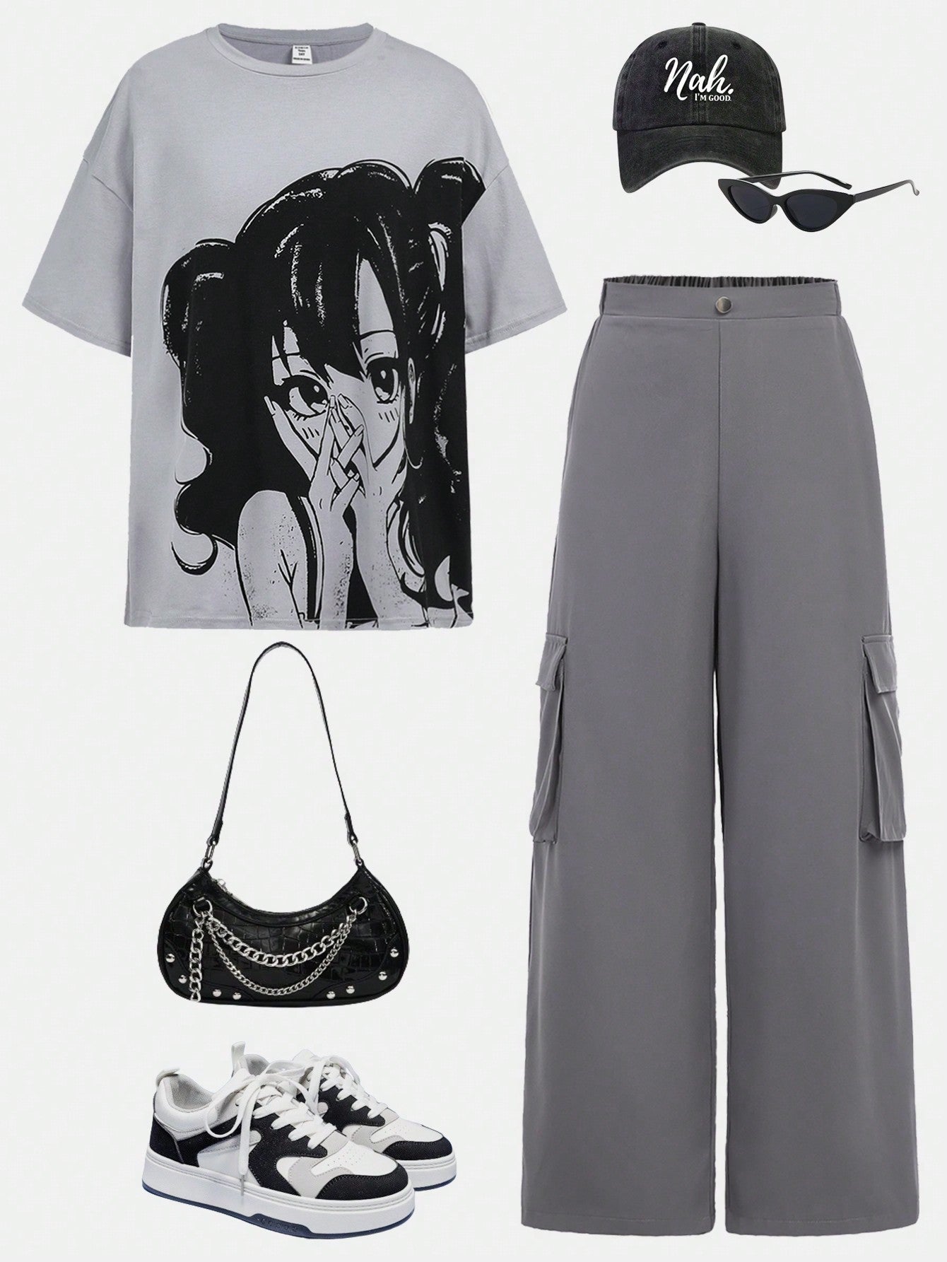 Teen Girl Grey Loose T-Shirt With Cartoon Portrait Print And Street-Wear Style Cargo Pants