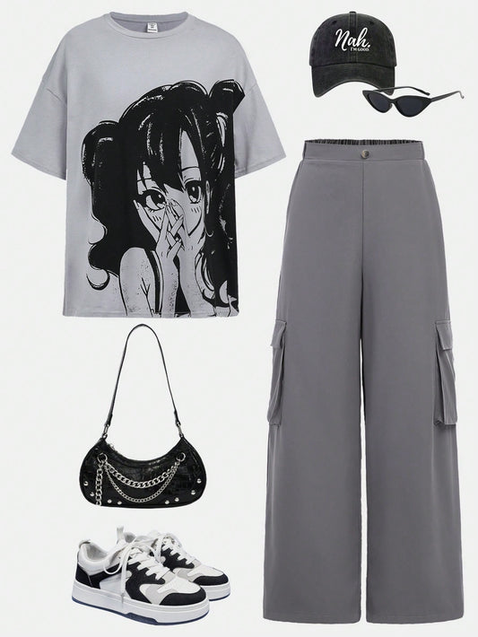 Teen Girl Grey Loose T-Shirt With Cartoon Portrait Print And Street-Wear Style Cargo Pants