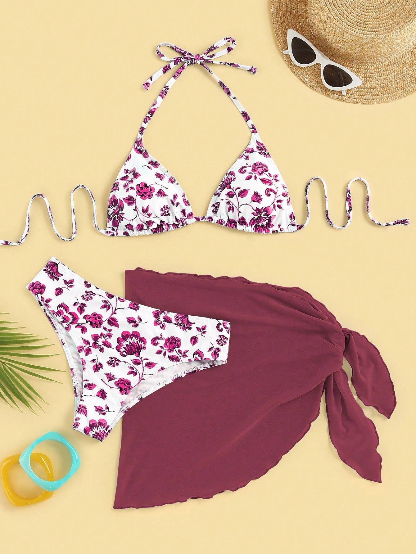 Swim Summer Beach Ladies' Floral Print Halter Neck Separated Bikini Set, Random Print, 3pcs/Set