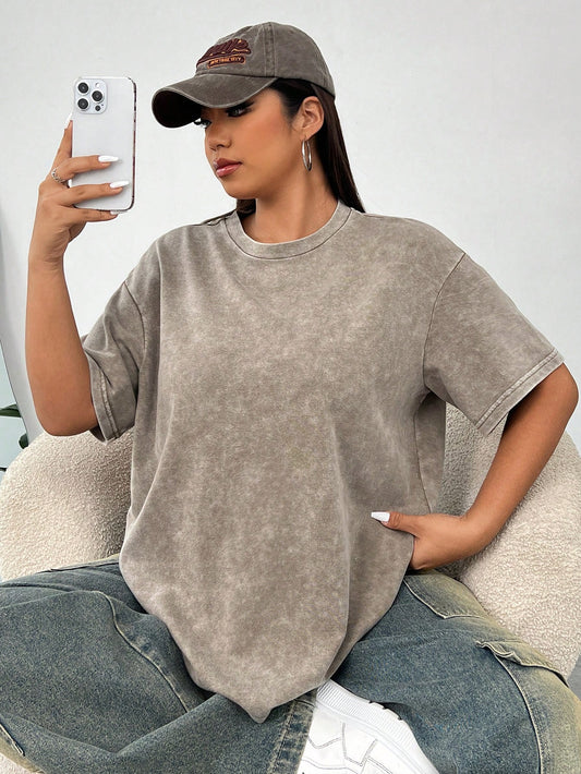 Plus Size Acid Washed Look Vintage Knitted Distressed Loose Fit Short Sleeve T-Shirt