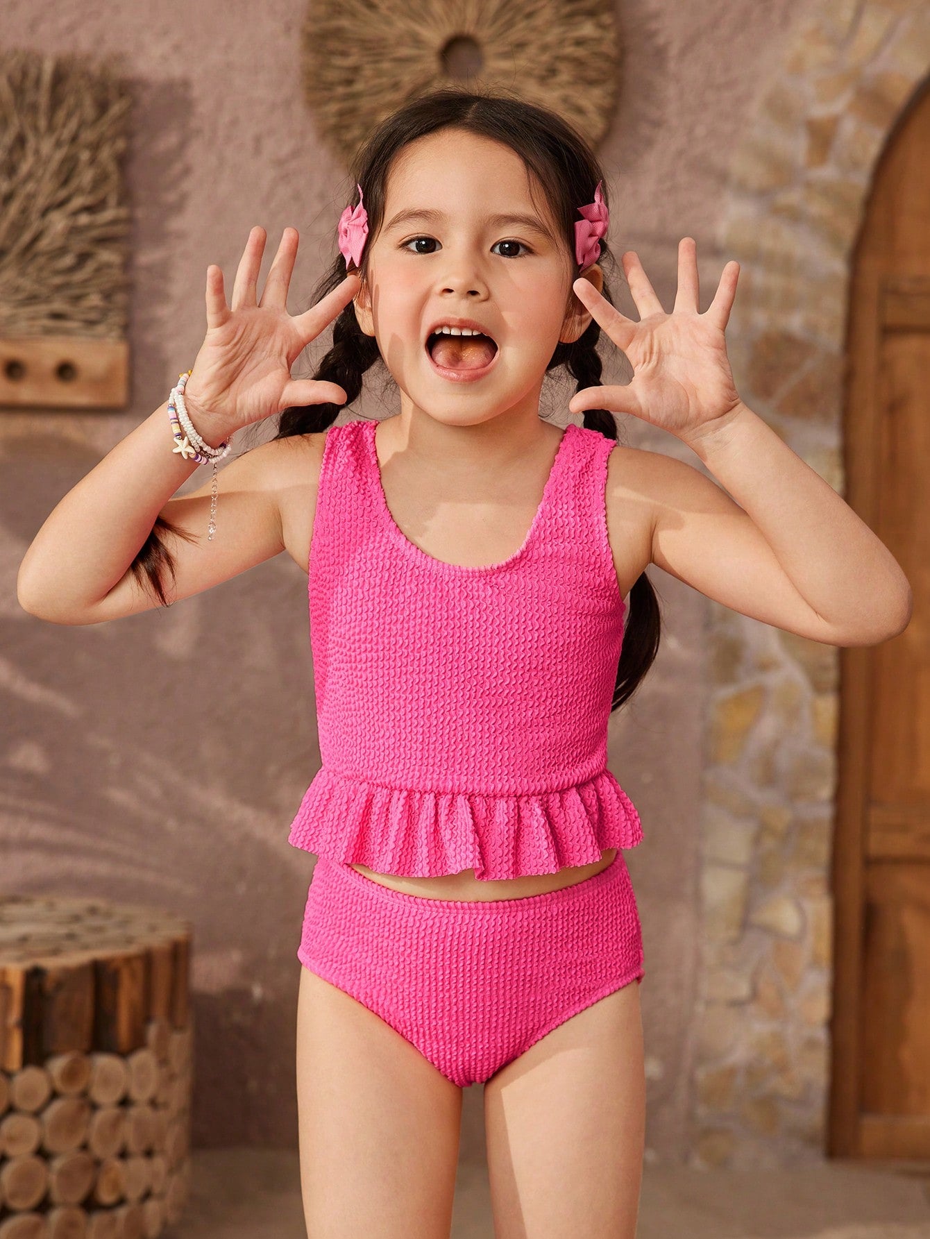 Young Girls Solid Color Ruched Tankini With Strappy Back