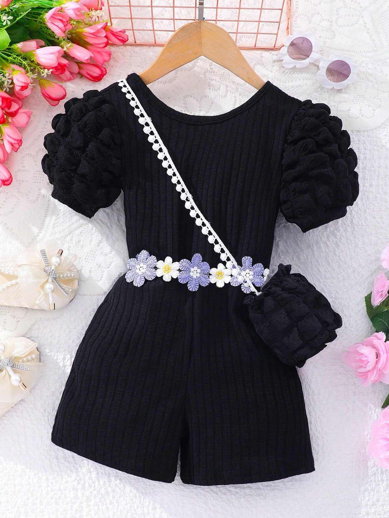 Young Girl Short-Sleeved Bubble Texture Jumpsuit With Crossed Back And Knit Stripe Fabric [Including Bag]