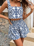 Frenchy Comfy Texture, Exquisite Vacation Leisure Allover Print Vest And Shorts Two-Piece Set, Summer Vacation Season, Comfy, Boho, Trending, Frenchies, Elegant, Leisure, Simple Daily, Solid Color, Holidayleisure, Modest, Bachelorette, Suitable For Vacati