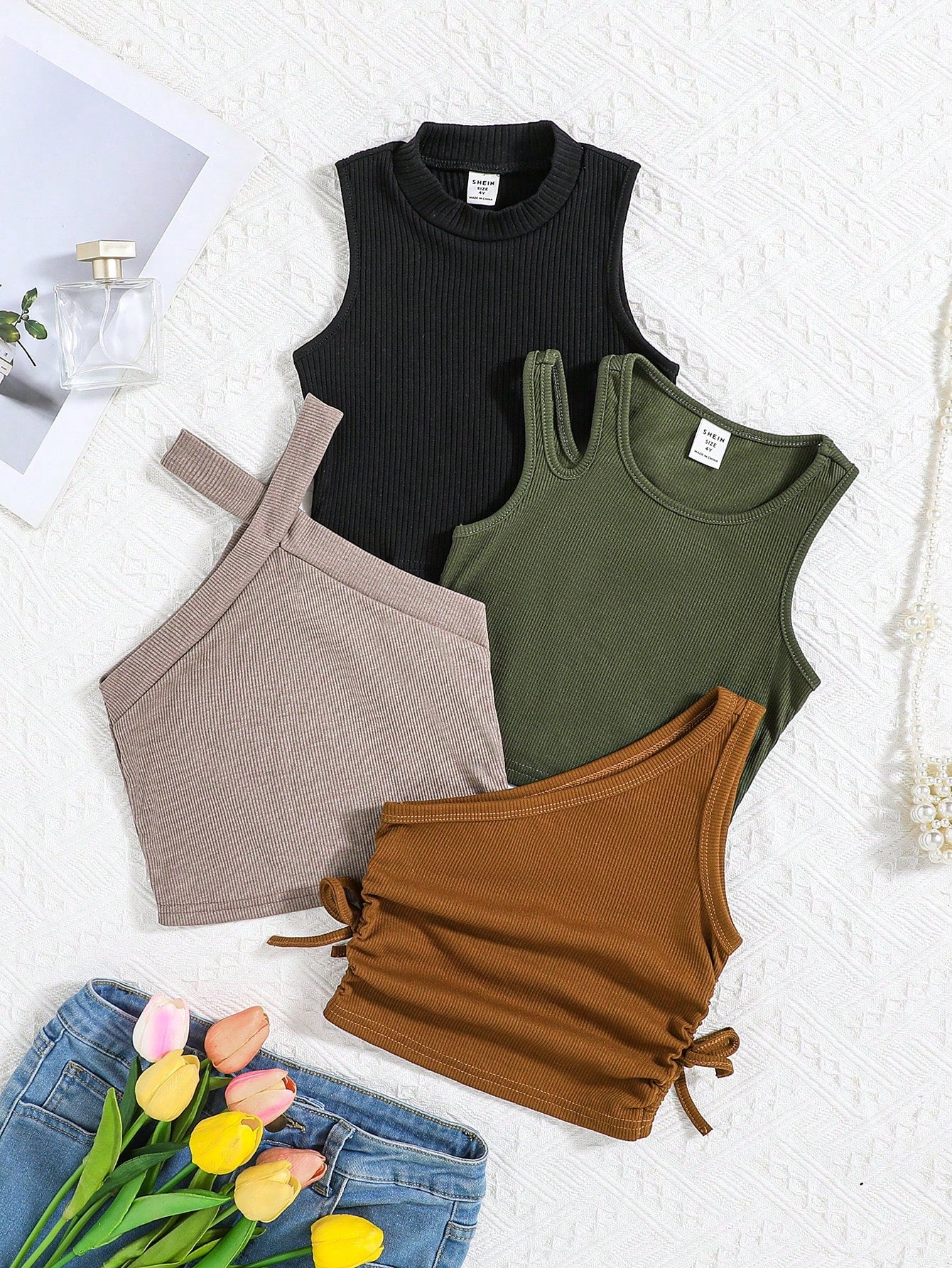 Young Girl Knitted Solid Color Sleeveless Tops Four-Piece Set