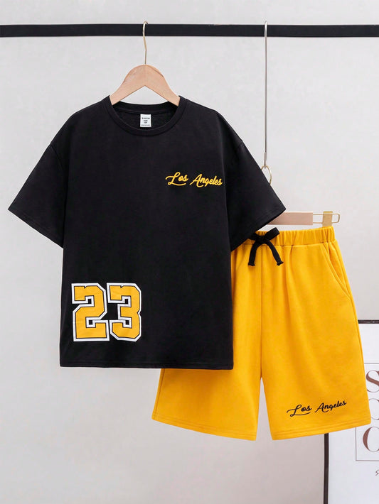 Tween Boys Extended Size Digital Letter Print Round Neck Short Sleeve T-Shirt And Shorts Set