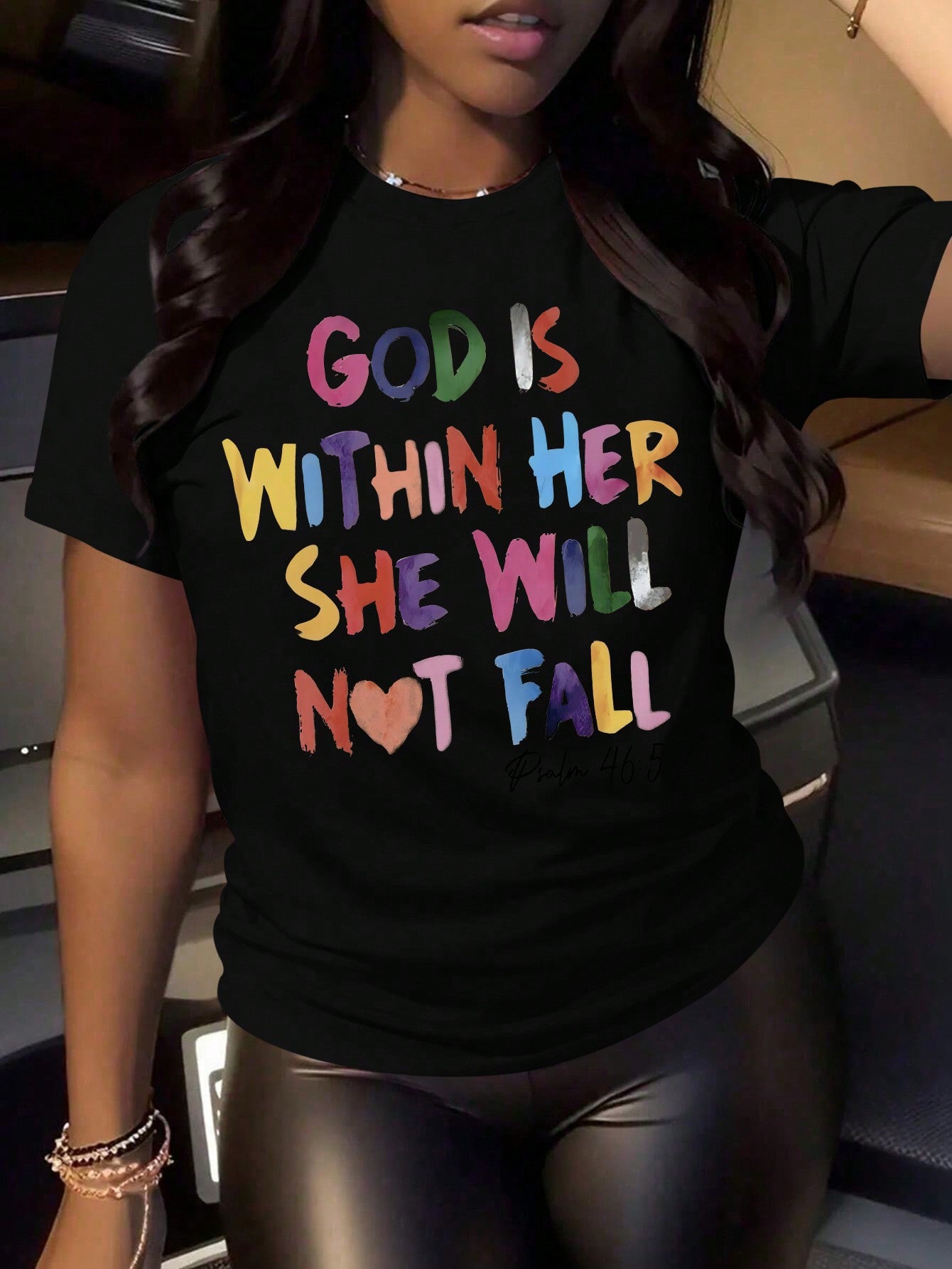 Slogan Printed Round Neck Short Sleeve Casual T-Shirt GOD IS WITHIN HER SHE WILL NOT FALL Psalm 465