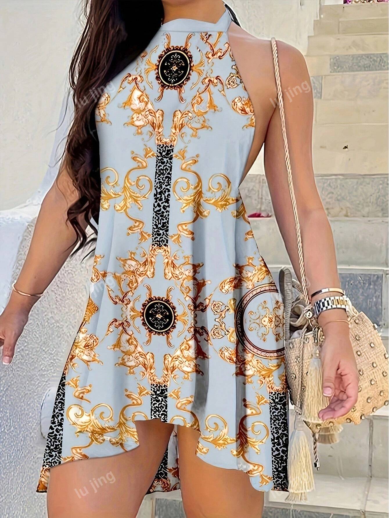 Women Backless Halter Printed Dress, Summer New Holiday Casual A-Line Dress