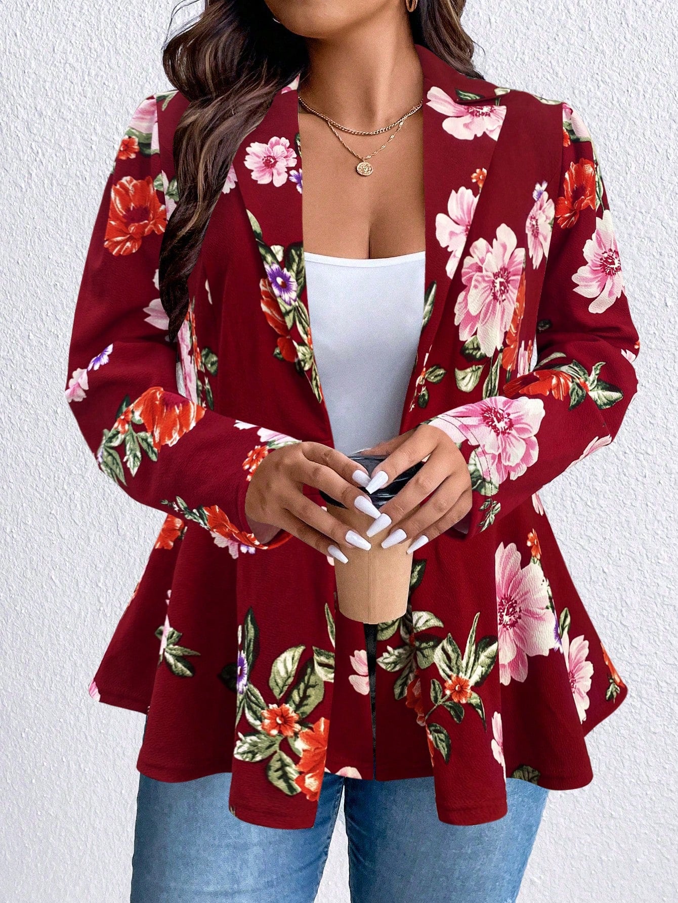 Plus Floral Print Lapel Collar Blazer