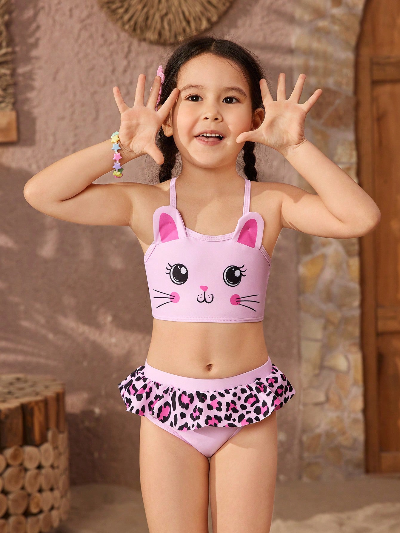 Young Girl Summer Cartoon Printed Spaghetti Strap Top Top And Leopard Print Ruffled Bikini Set With Triangle Bottom