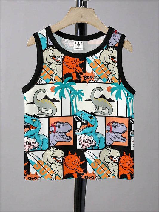 Young Boy Casual & Simple Cartoon Dinosaur Pattern Round Neck Top Suitable For Summer