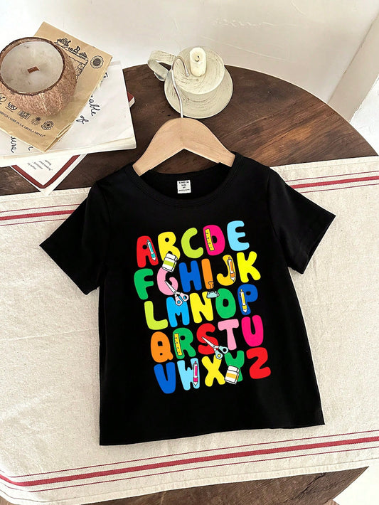 Young Boy Casual Simple Letter Print Round Neck Short Sleeve T-Shirt, Suitable For Summer