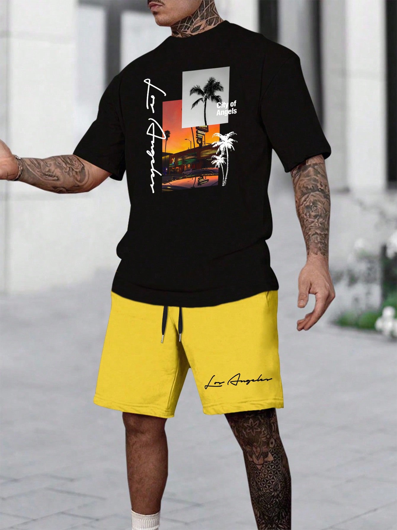 Men's Summer Holiday Letter & Palm Tree Printed Short Sleeve Casual T-Shirt And Drawstring Waist Shorts Set