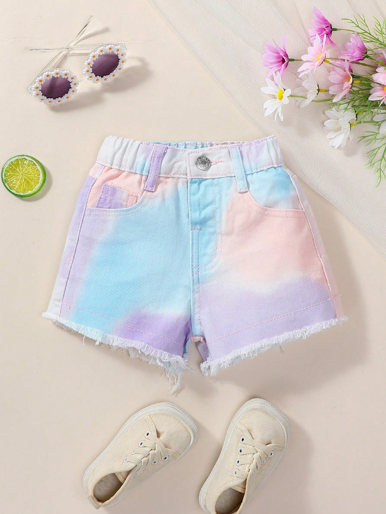 Young Girl Vintage Dopamine Tie Dye Color Loose Casual Comfortable Frayed Hem Denim Shorts