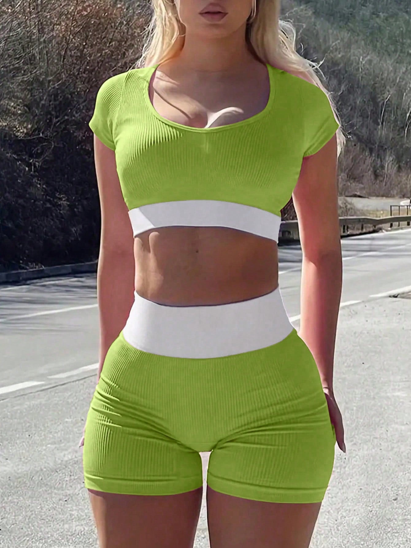 Women Color Block Round Neck Knit Top And Pants Set Short Sets Summer