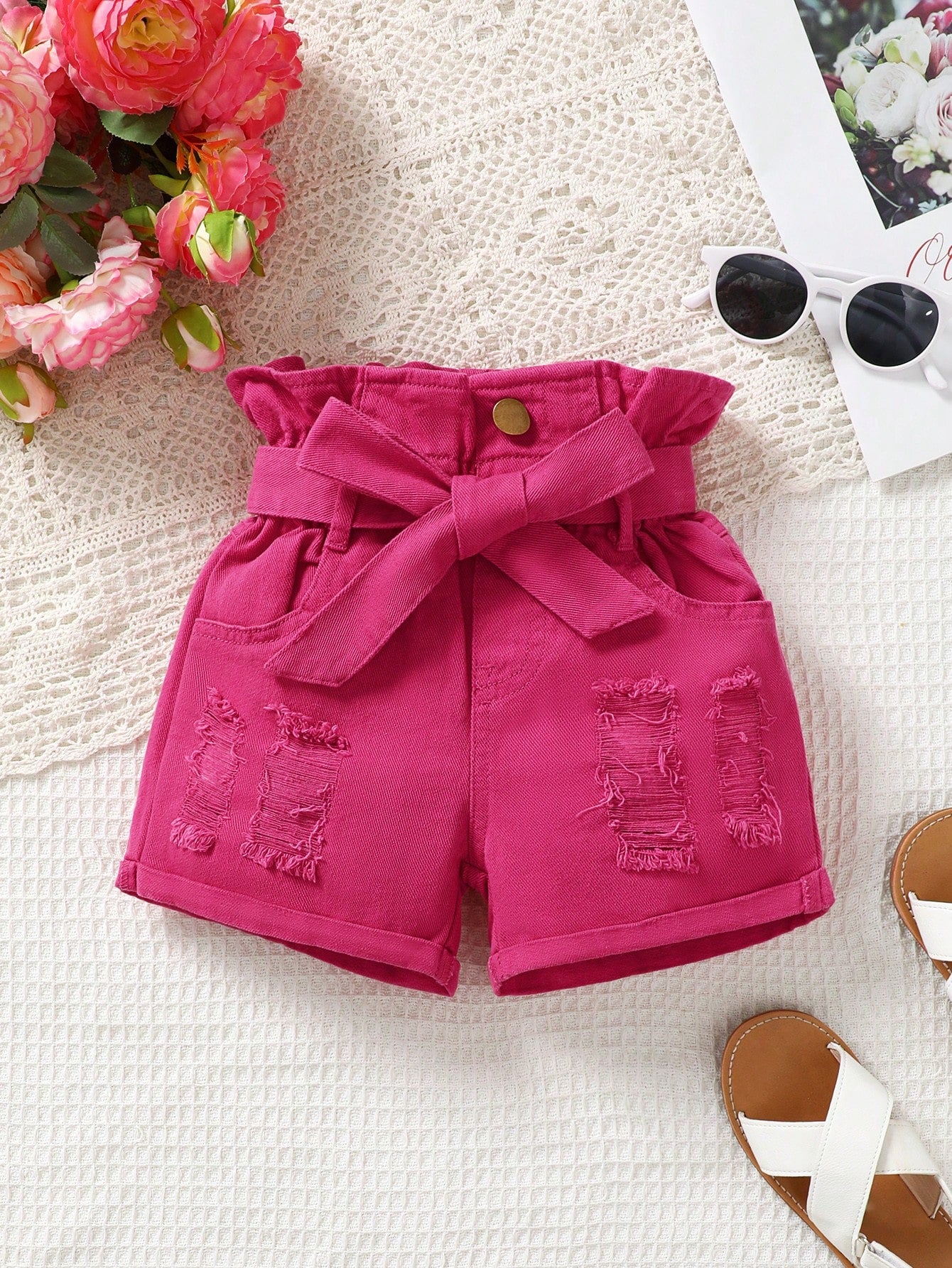 Young Girl Paperbag Waist Ripped Roll Hem Belted Denim Shorts