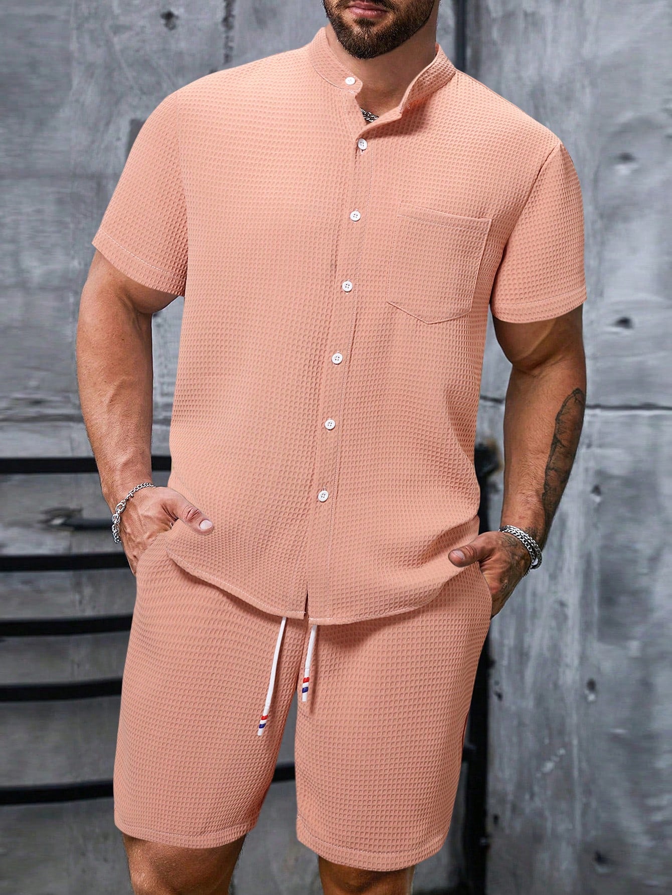 Men Pocket Patched Shirt & Drawstring Waist Shorts Set