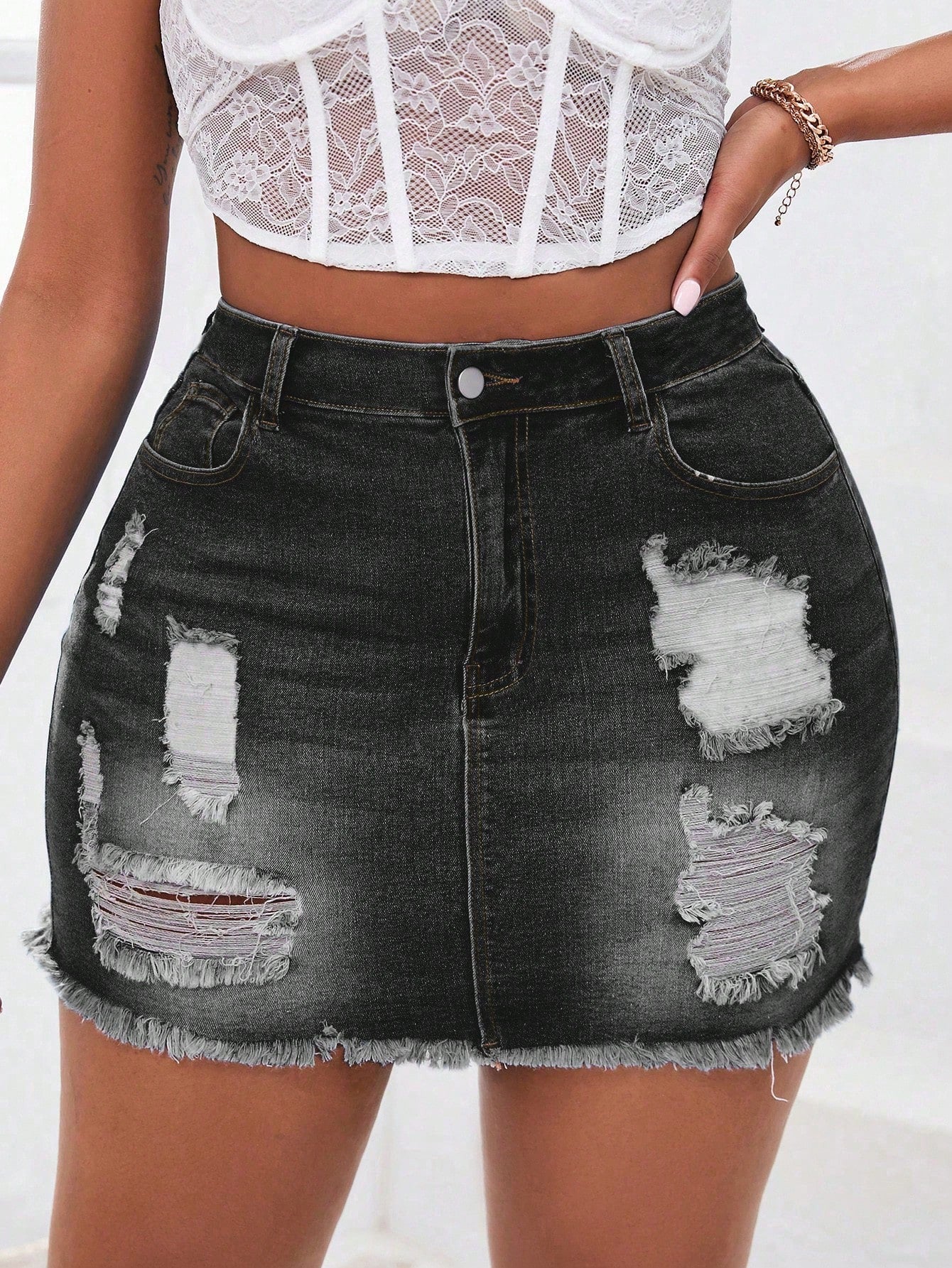 Plus Size Sexy Broken Hole Denim Stretch Mini Skirt