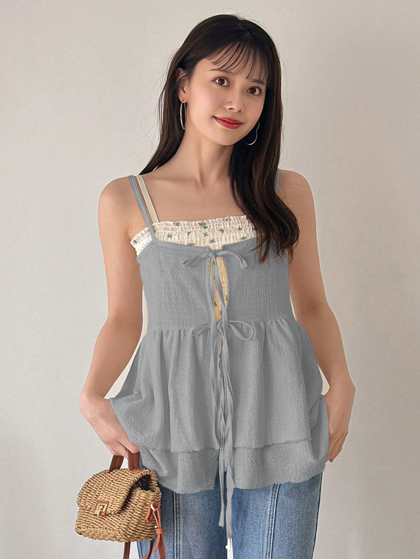 FRIFUL Designer Women's Ruffled Hem Cami Top With Tie Strings