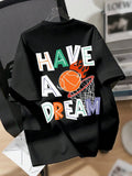 Tween Boys' Extended Size Casual Loose Fit Round-Neck Short Sleeve Knit T-Shirt With Basketball & Letter Print, Street Style