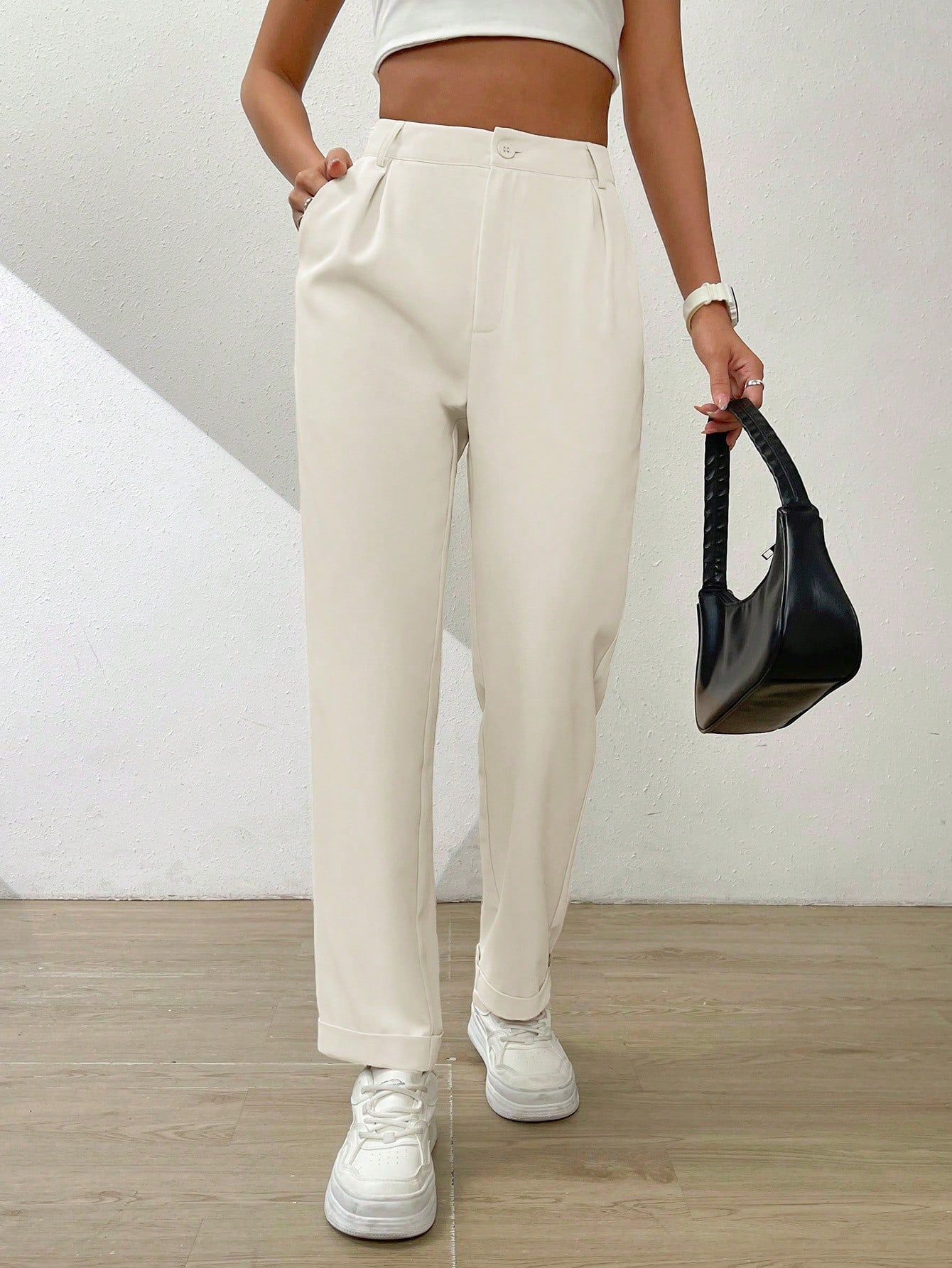 Solid Fold Pleated Slant Pocket Pants