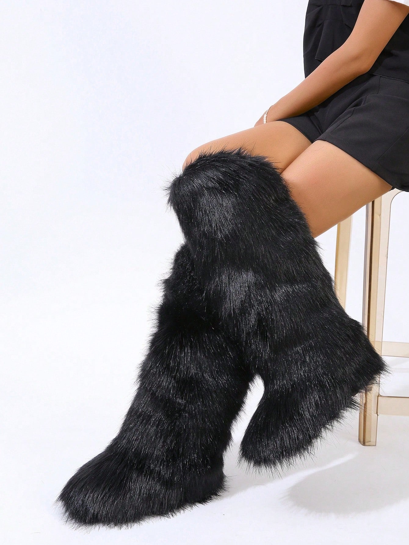 Women Winter Boots, Faux Fur Flat Snow Boots, Over The Knee Boots, Black & White Knee-High Boots, Furry Boots