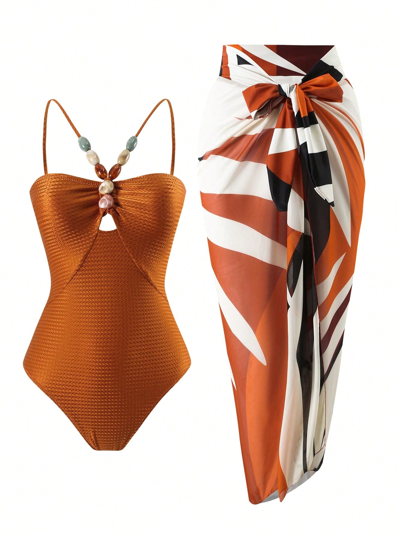 2pcs Swimsuit Set With Jumpsuit Style Strap And Tummy Covering Sheer Skirt, Slimming Effect