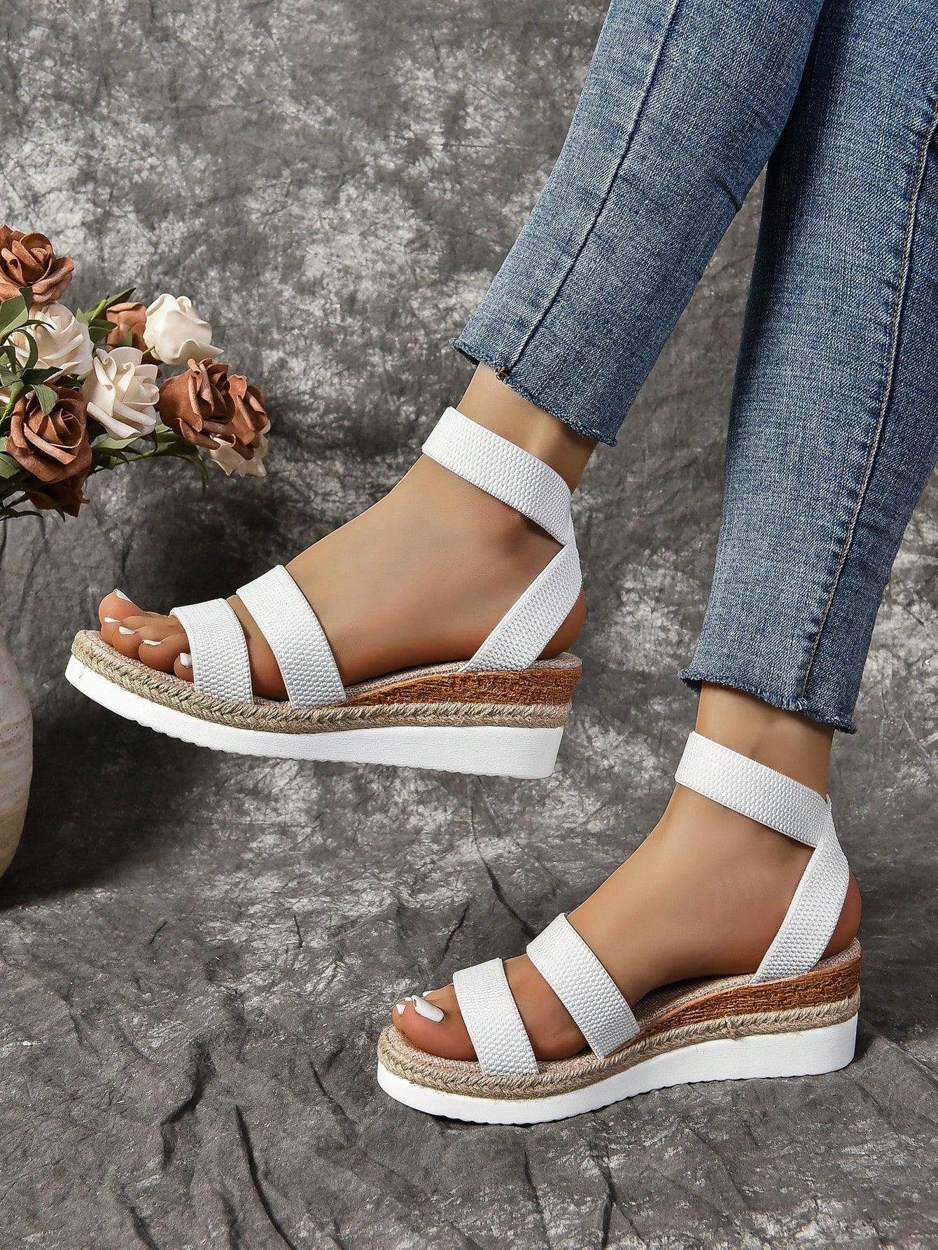 Plus Size Wedge Sandals For Women, New Peep-Toe Elastic Strap Thick Bottom Sandals,  Rope Bottom Women's Shoes