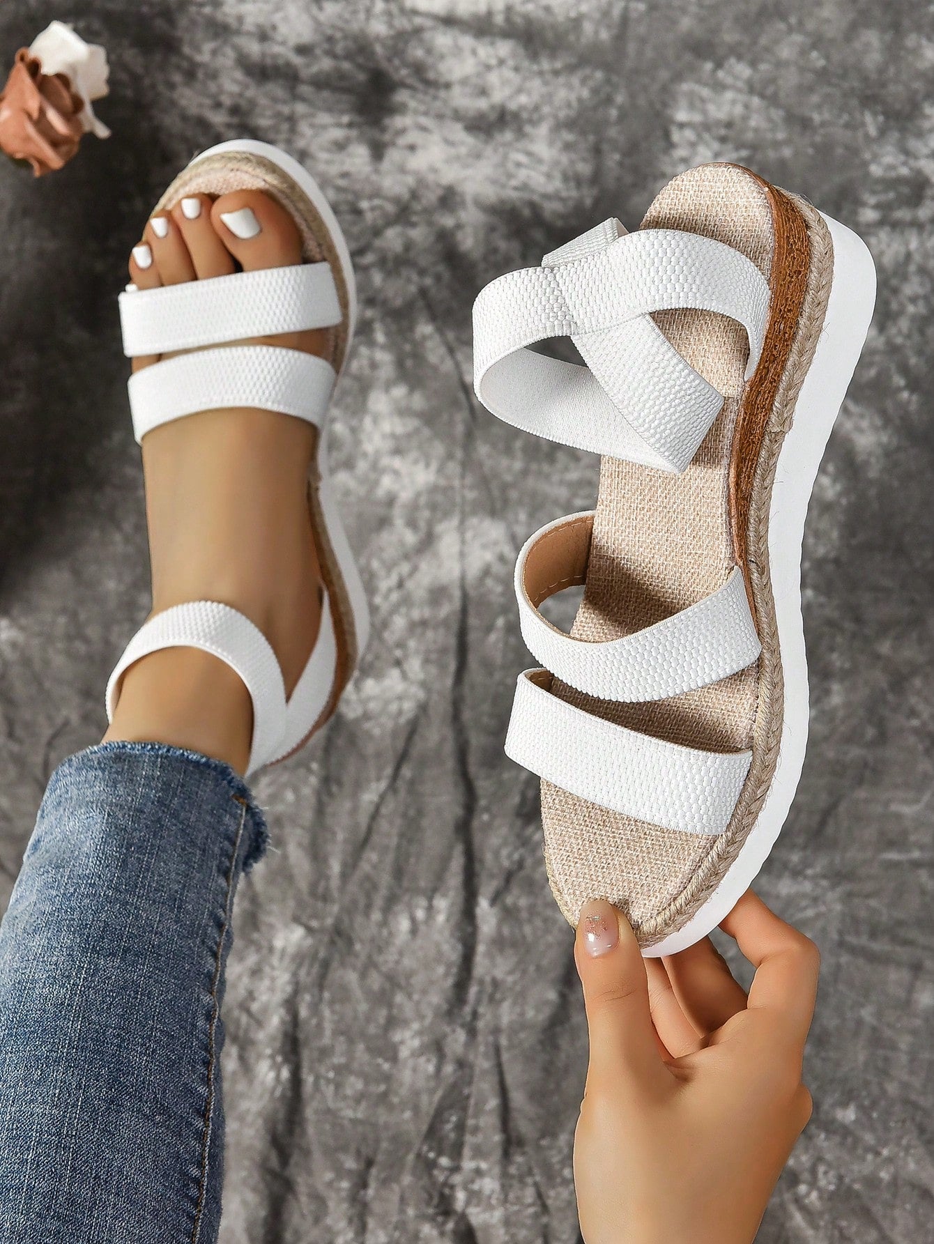 Plus Size Wedge Sandals For Women, New Peep-Toe Elastic Strap Thick Bottom Sandals,  Rope Bottom Women's Shoes