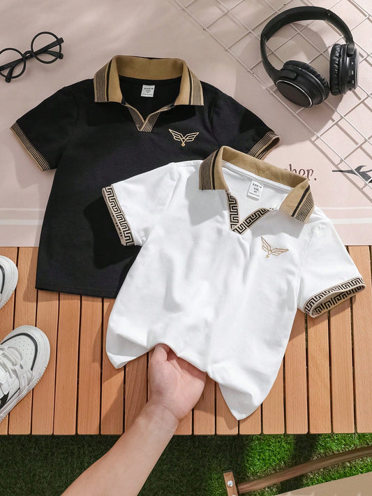 Young Boy Casual College Style Flat-Knit Collar Knitted Dual-Logo Printed Polo Shirt 2pcs Set, Suitable For Summer Gathering And Outdoor Wear