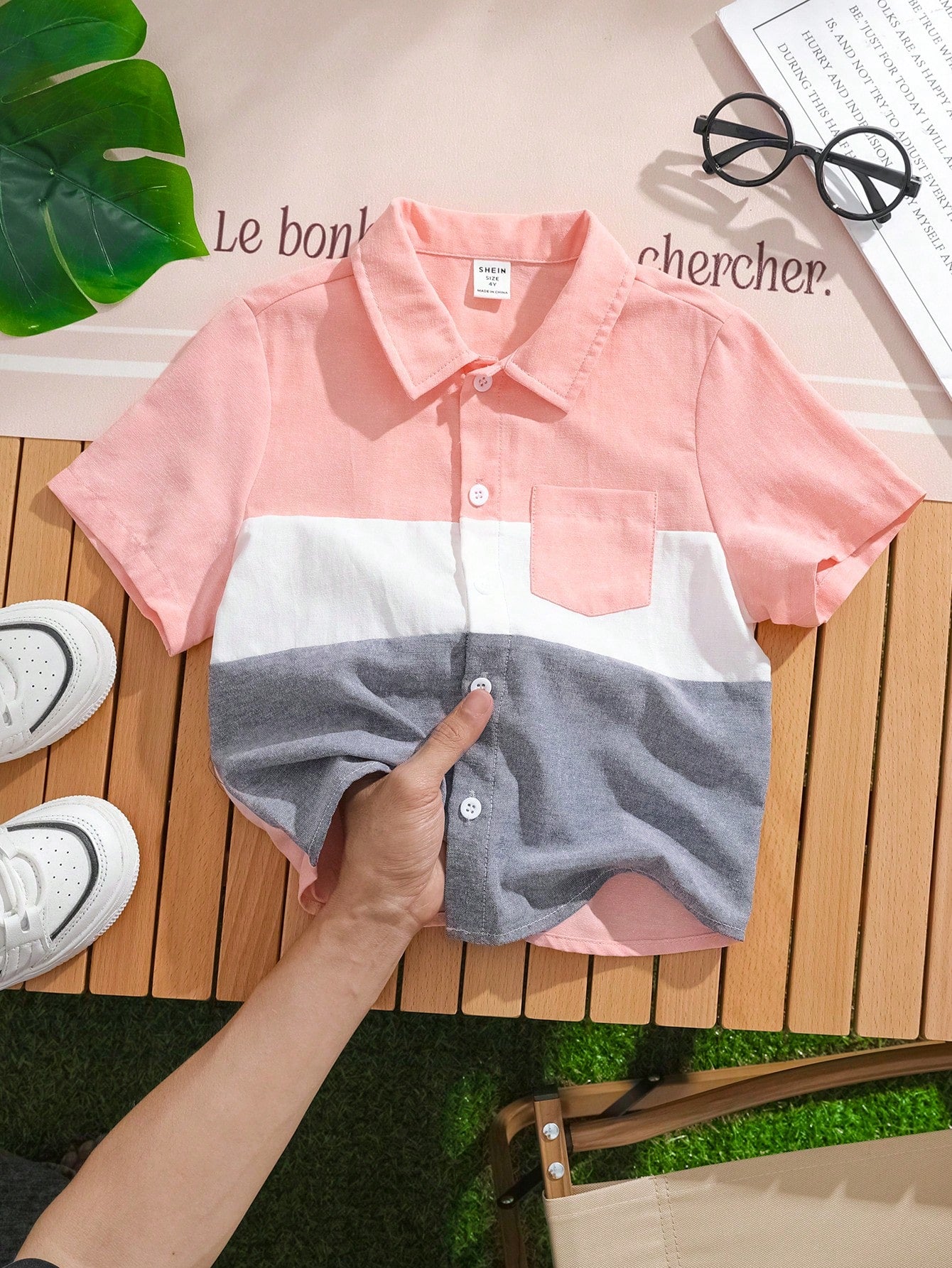 Young Boy Summer Comfortable Casual Commuter Style Stitching Collar Short Sleeve Shirt, Suitable For Outdoor Activities, School, Parties, City Walks, In 3 Colors