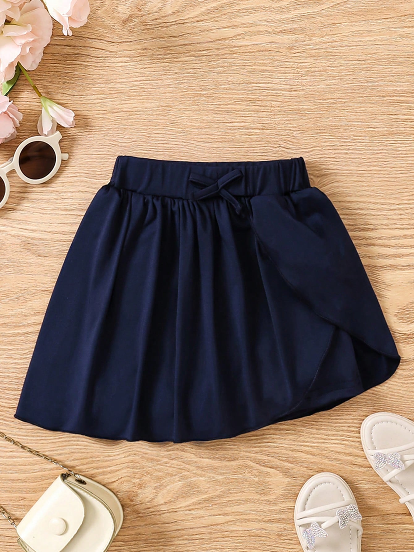 Young Girls' Solid Color Pleated Skirt With Waist Bow Decoration