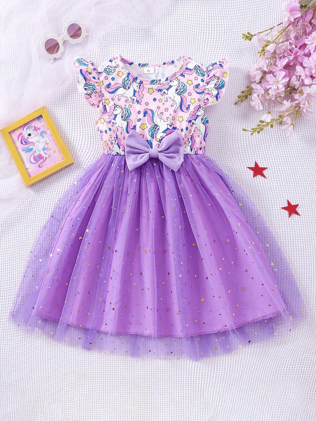 Young Girl Cap Sleeve Butterfly Printed Contrast Mesh Dress With Bowknot, Cute