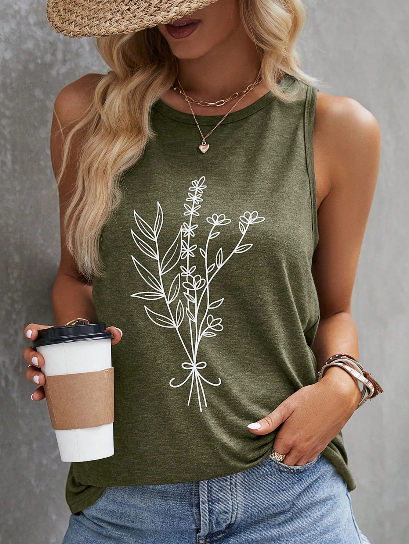 Women's Sleeveless Plant Print Tank Top For Summer