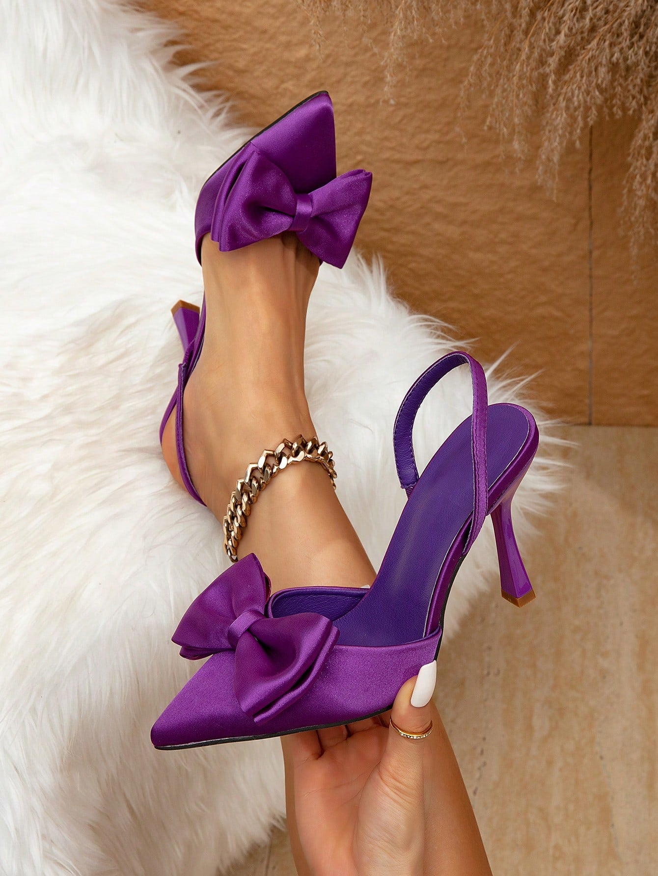 Ladies' Fashion Party Clutch Bag, Lycra Material Purple Bowknot With High-Heel Pumps Design