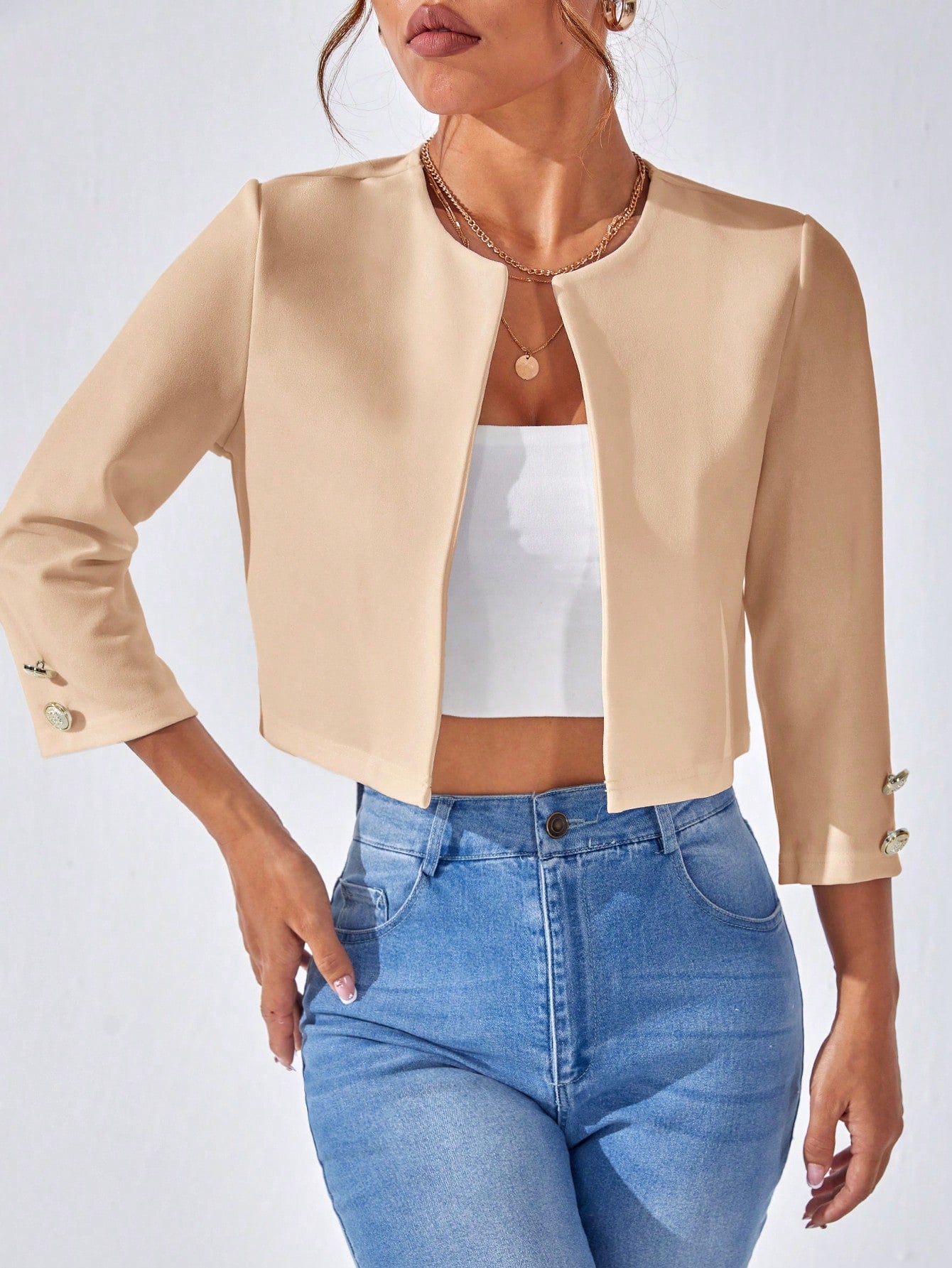 1pc Solid Open Front Crop Jacket