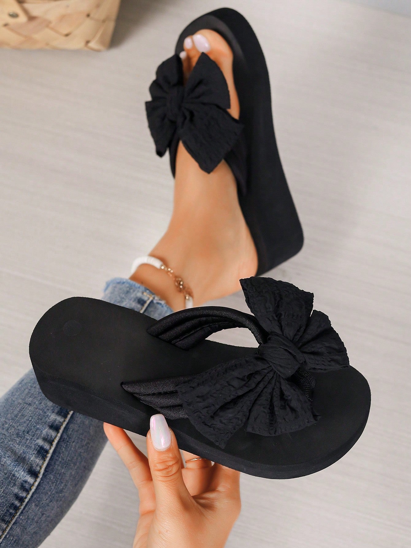 Fashionable Bowknot Slipper Sandals For Women, Summer, High Heels, Non-Slip Thick Sole, Flip-Flops, Beach, Resort