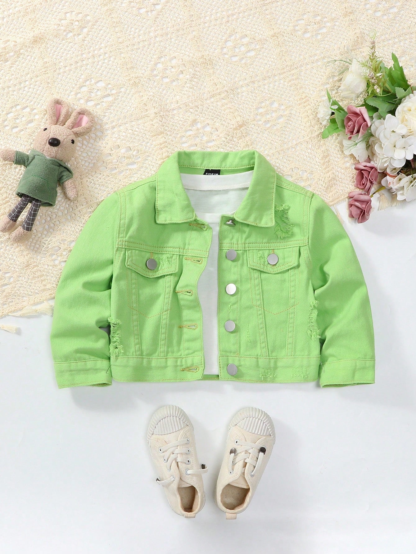 Young Girl Ripped Flap Pocket Denim Jacket