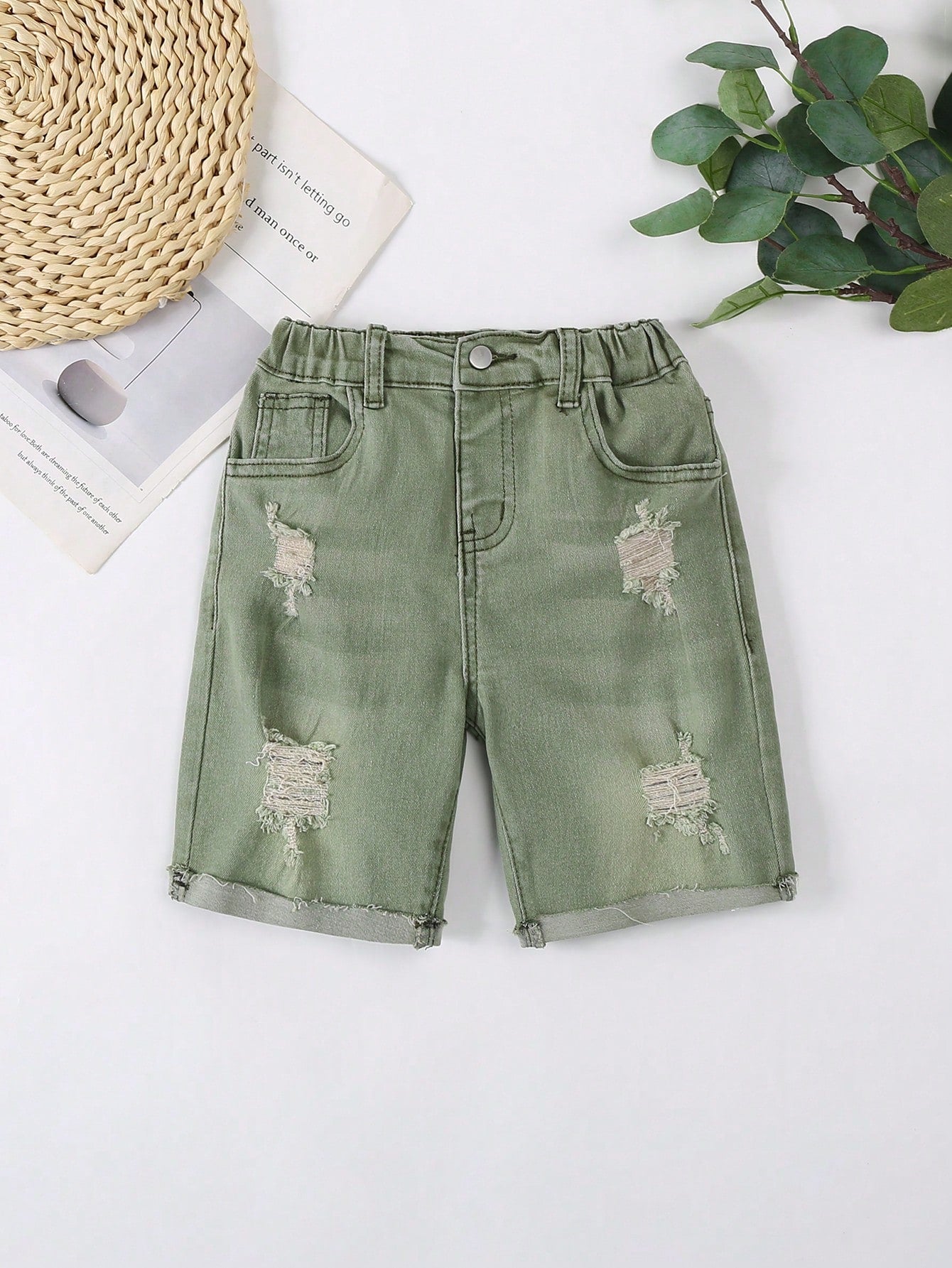 Young Boy Solid Color Distressed Denim Shorts With Pocket, Casual